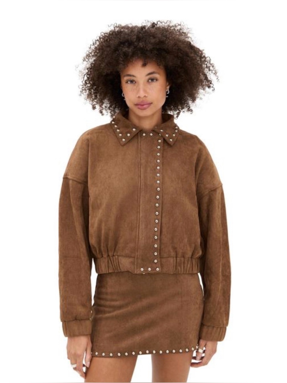 Moon River stud-detail zip-front faux-suede bomber jacket